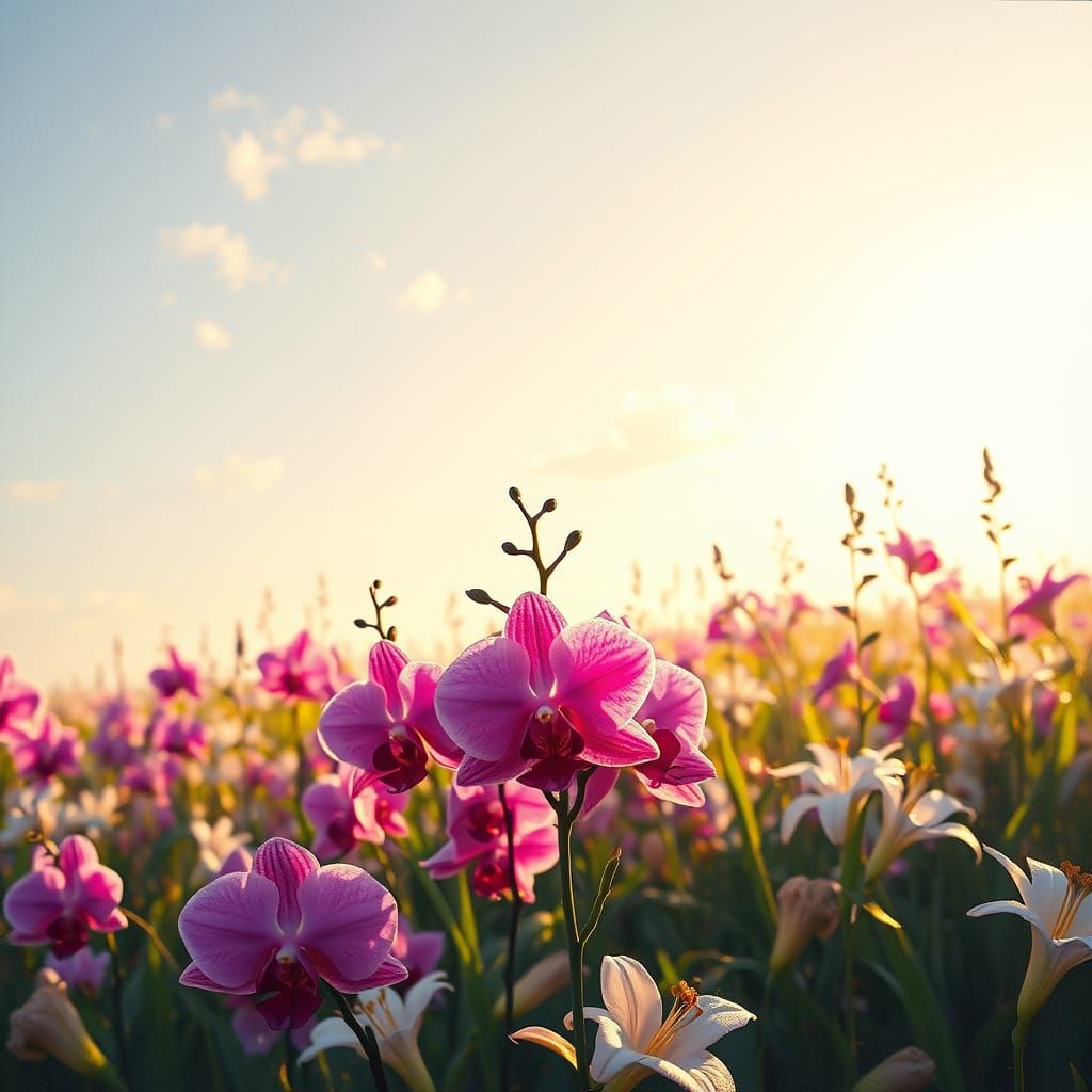Vibrant Orchid and Lily Field at Golden Hour