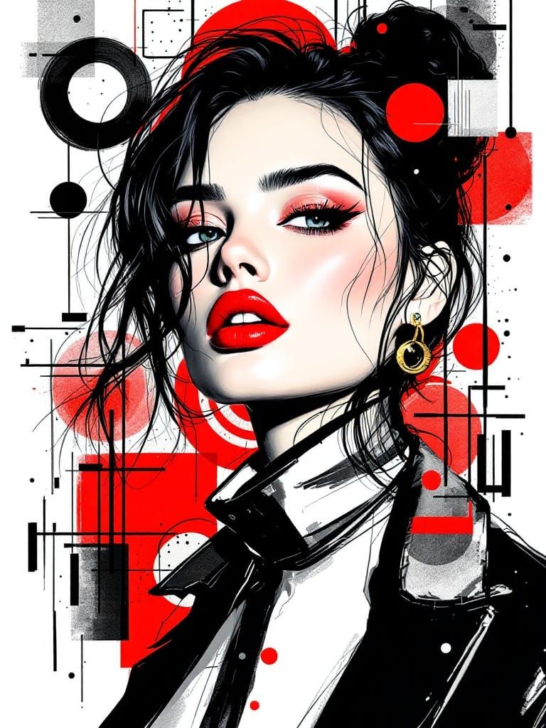 Stylized Urban Goddess with Geometric Accents