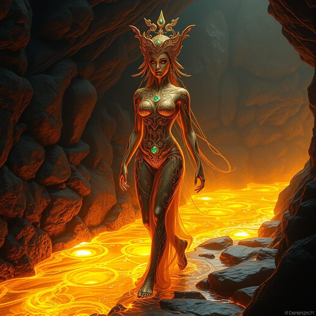 Golden Elemental Goddess Walks Beside River of Molten Gold