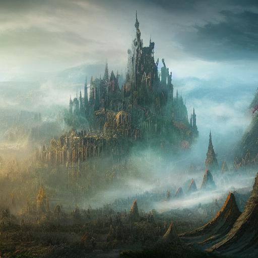 Mystical Sorceress Wielding Magic Staff in Ruined Cityscape