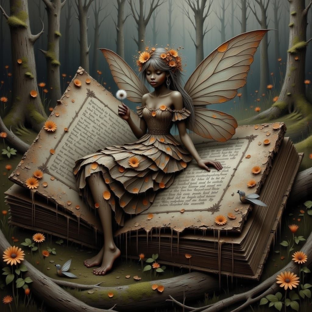 Fairies Emerge from Book in Whimsical Oil Painting