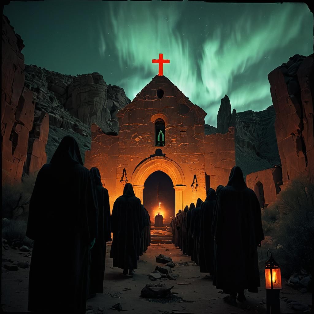 Eerie Black Mass in Abandoned Church, Vintage Photography