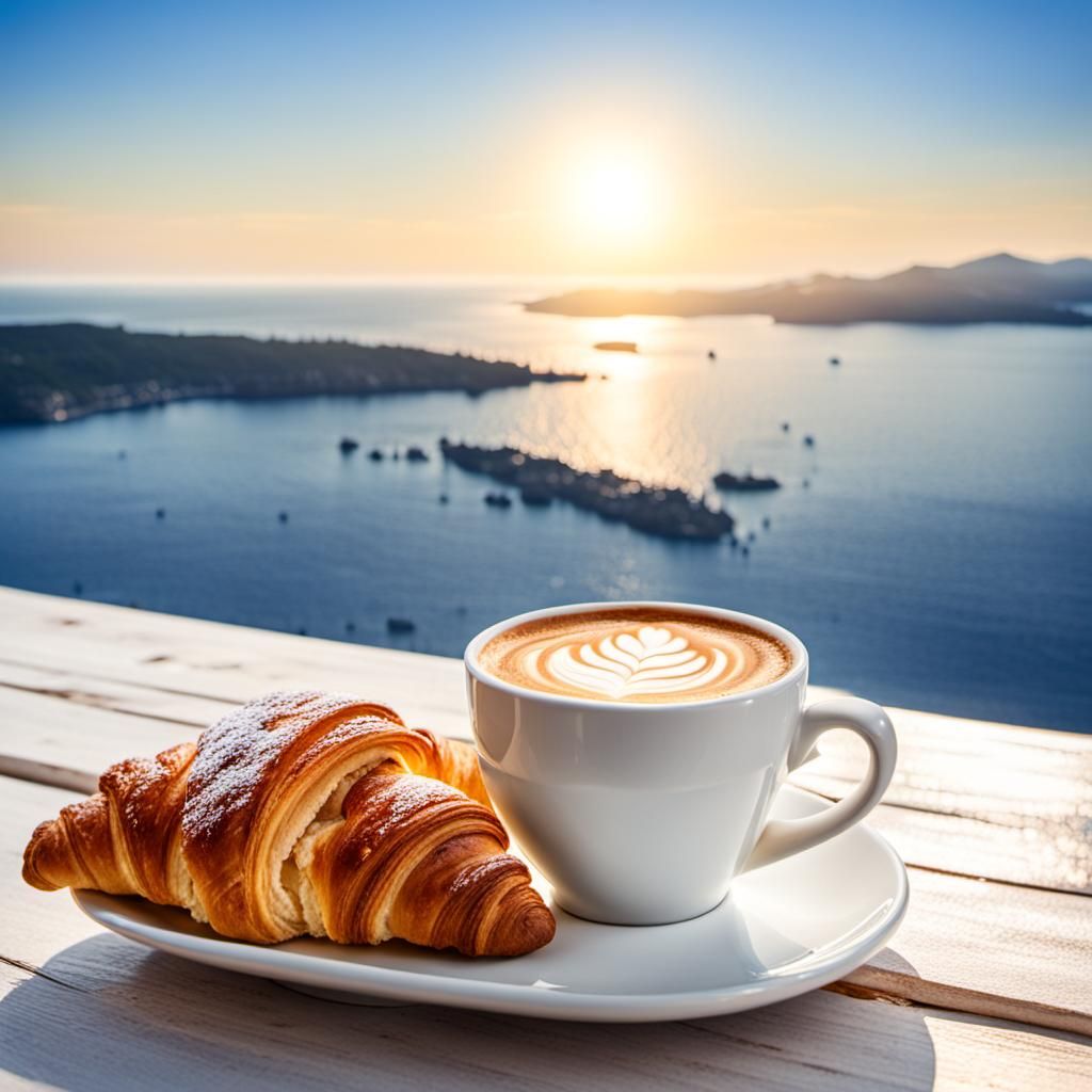 Mediterranean Morning: Cappuccino and Croissant by the Sea