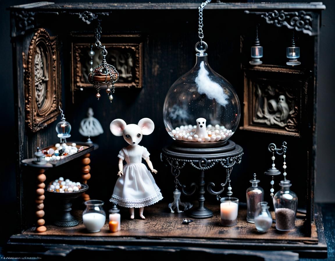 Gothic Dollhouse with Ghost and Eerie Doll