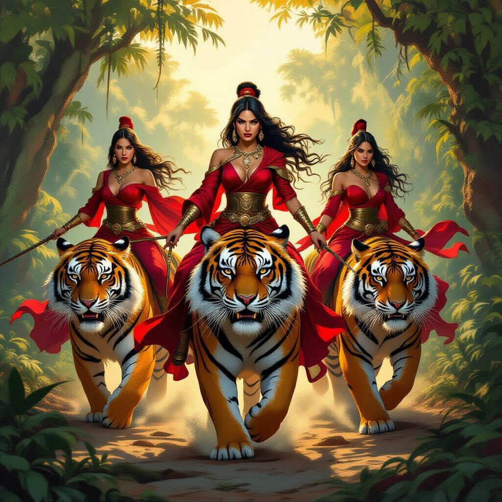 Warrior Women in Red Riding Tigers in Ancient Jungle