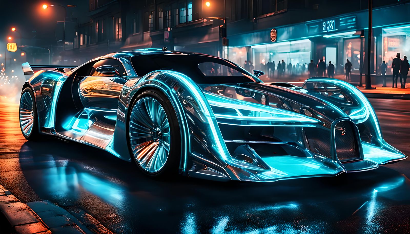 Futuristic Glass Car on Smoky Street in Cyberpunk Style