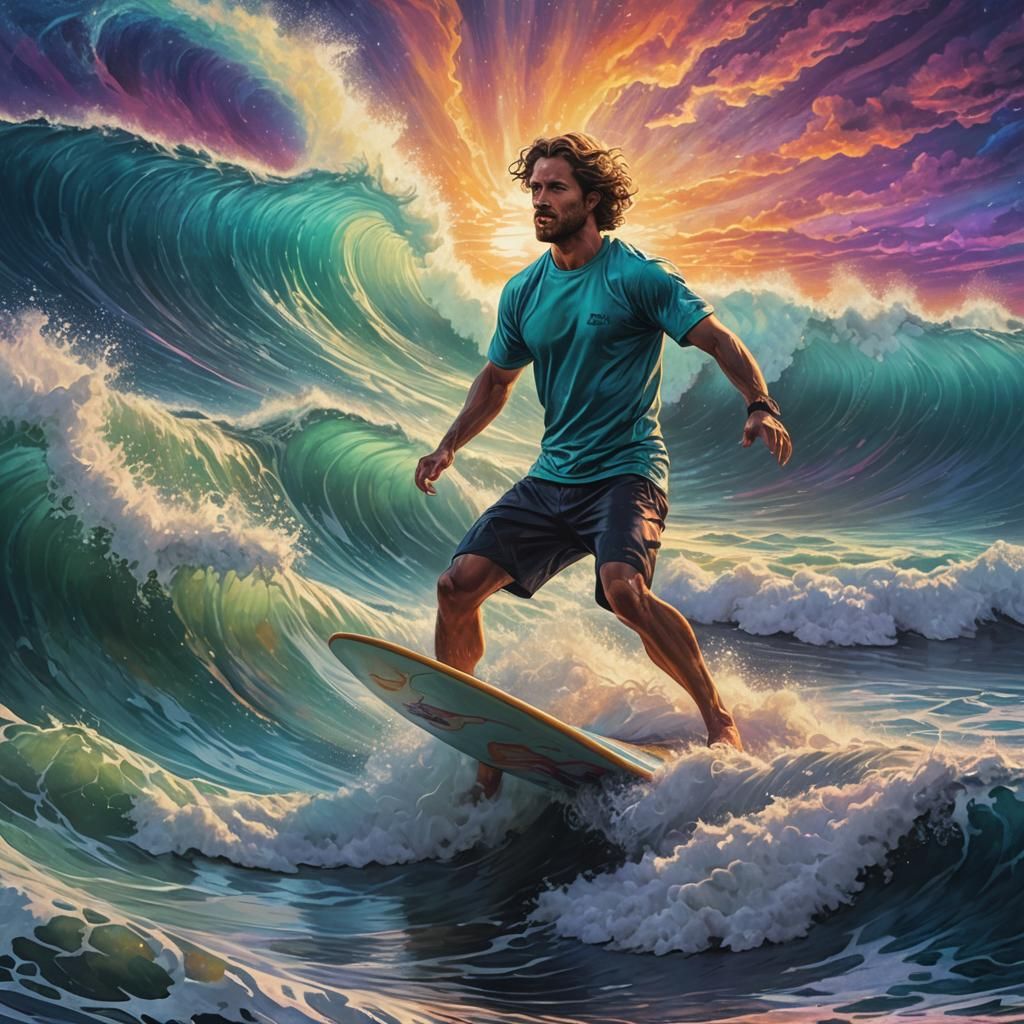 Surfer Rides Raging Waves in Astral Illustration