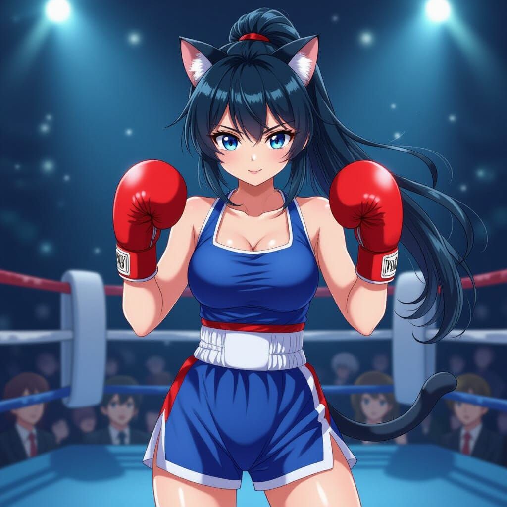Manga Catgirl Boxer in Ring: Dynamic Action Shot