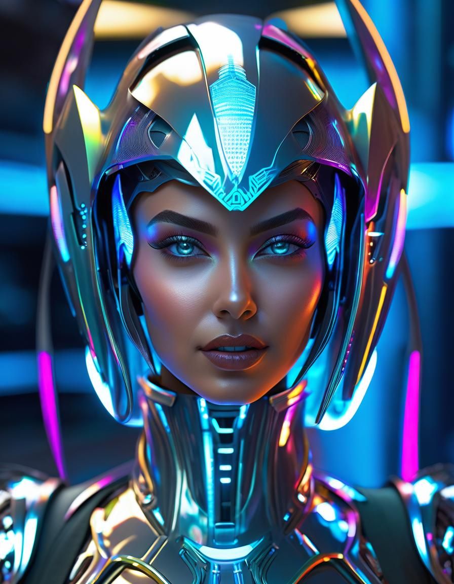 Holographic Elf Android Girl in Cyberpunk Style