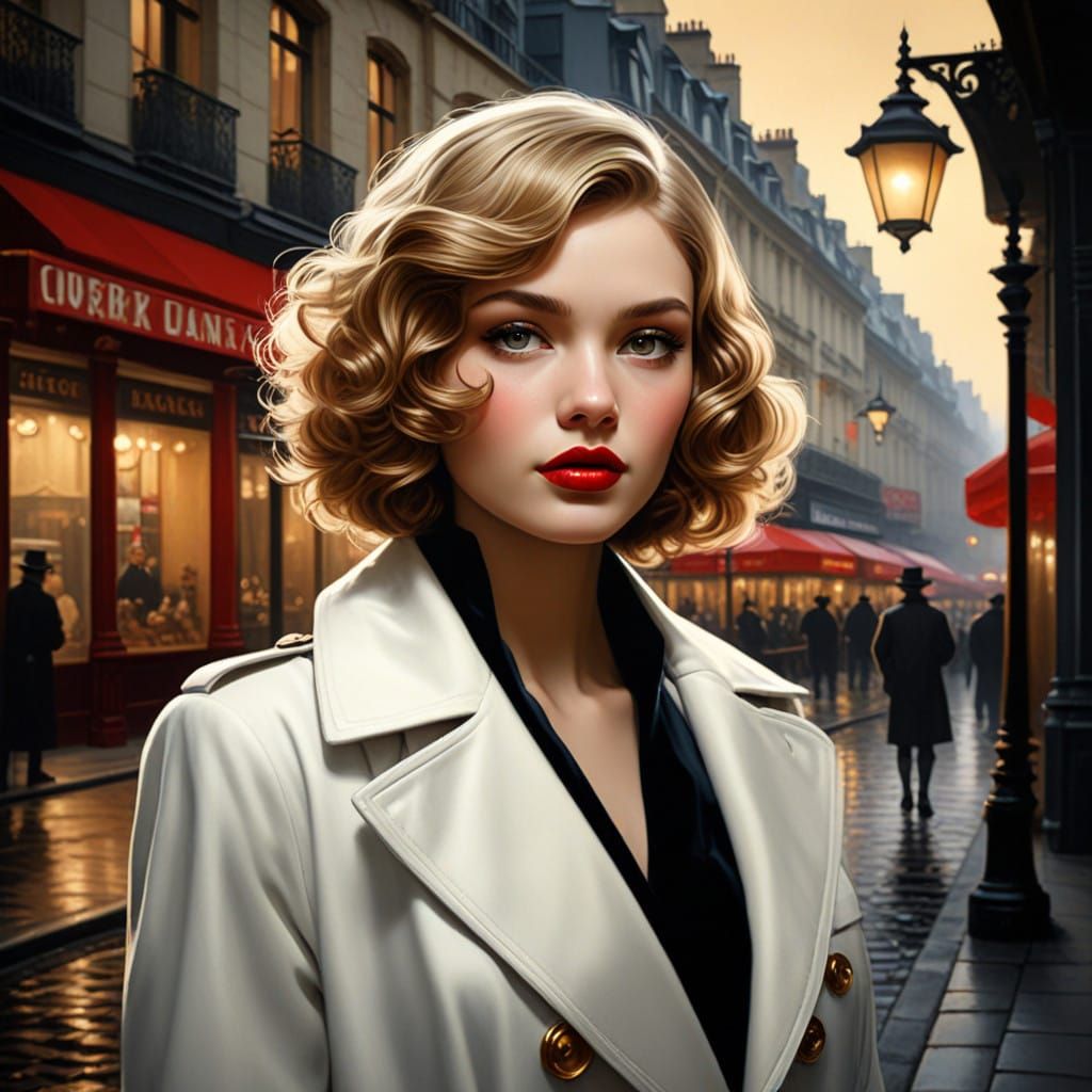Elegant Woman in Noir-Inspired Parisian Evening Scene
