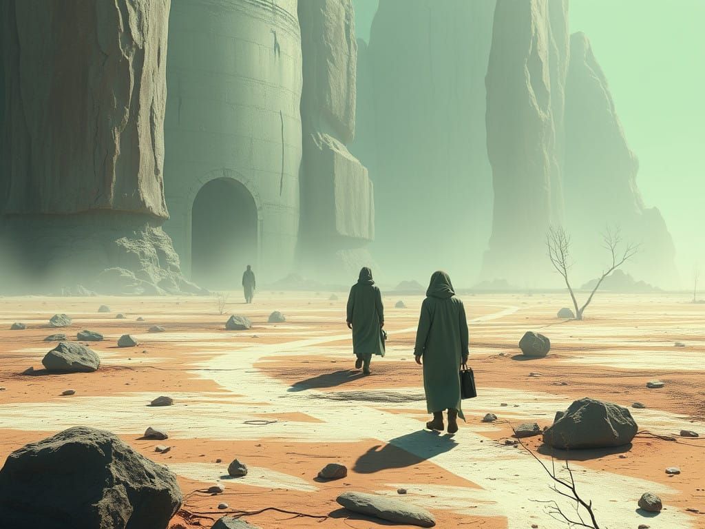 Figures Navigate Eerie, Hyperreal Landscape