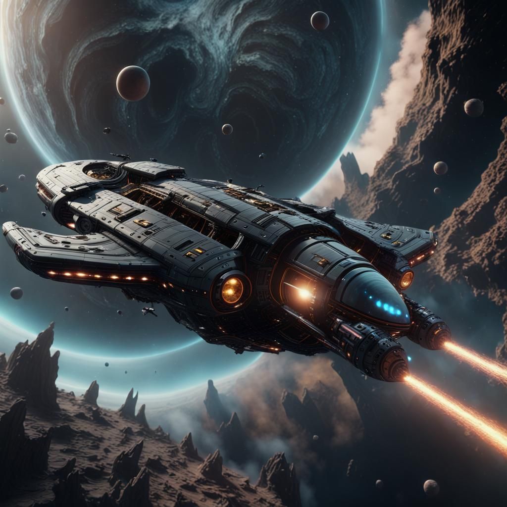 Black Nanotech Spaceship Soars Through Space