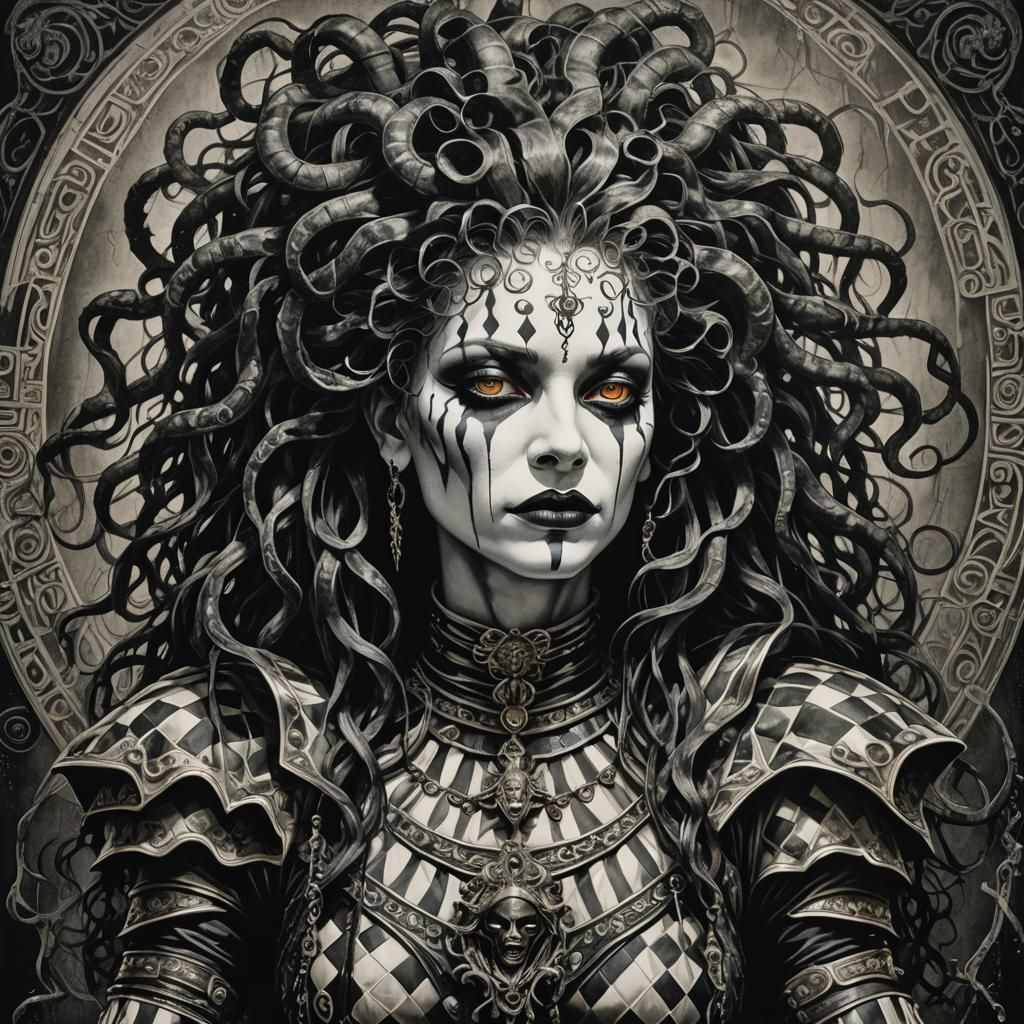 Weeping Harlequin Medusa in Scratchboard Style
