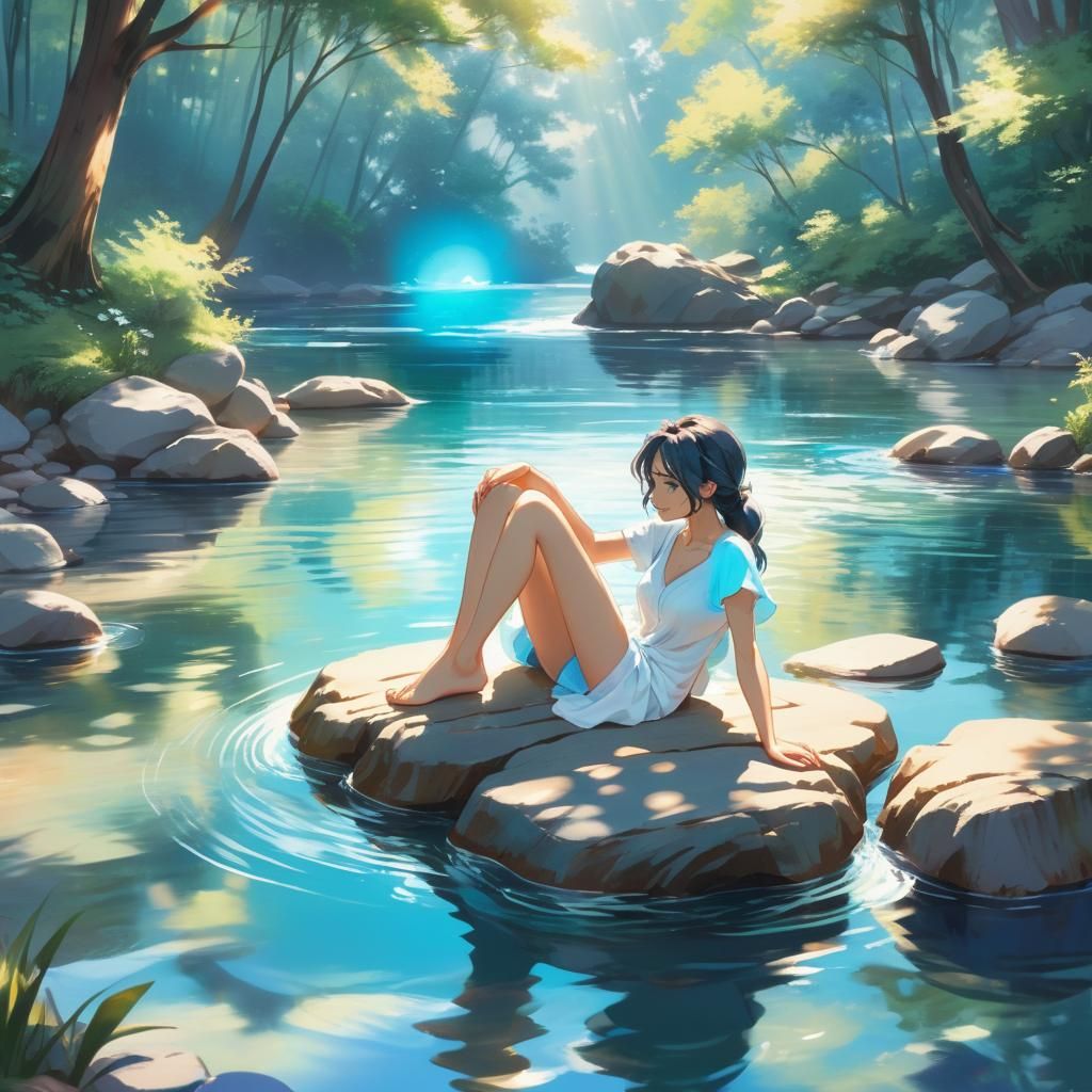 Serene Water Scene in Vibrant Anime Art Style