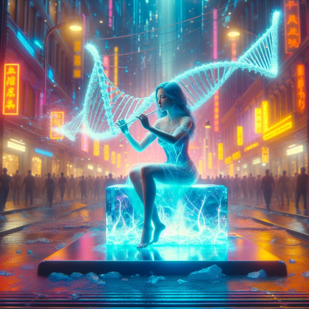 Musician Plays DNA Instrument in Cyberpunk Cityscape