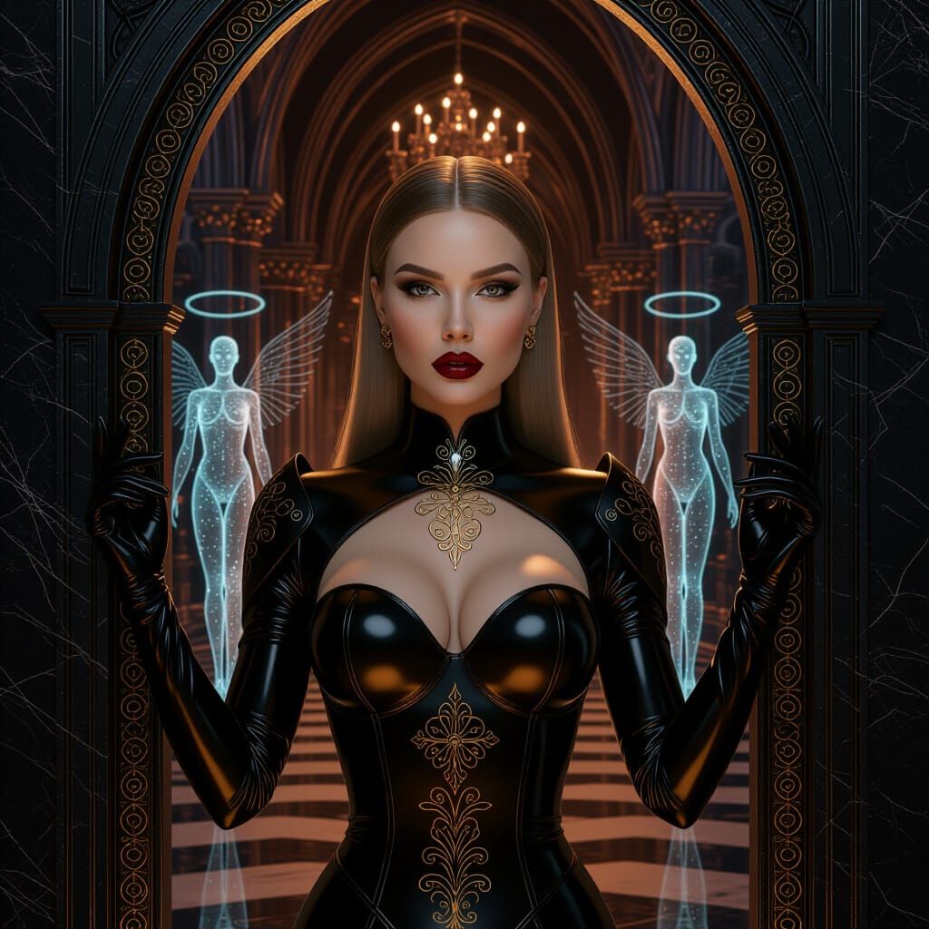 Cyber-Baroque Woman Emerges from Gothic Mirror Portal