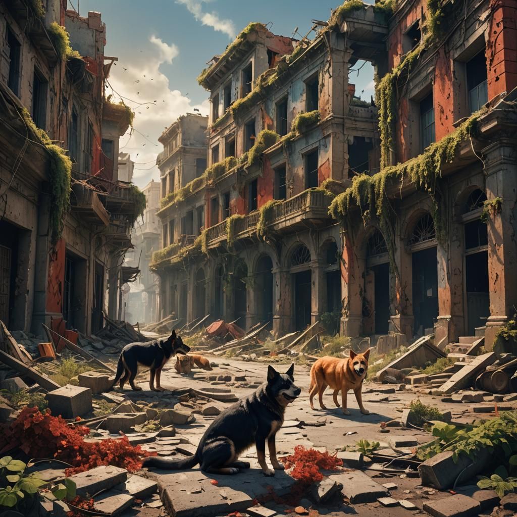 Post-Apocalyptic City Ruins with Overgrown Foliage