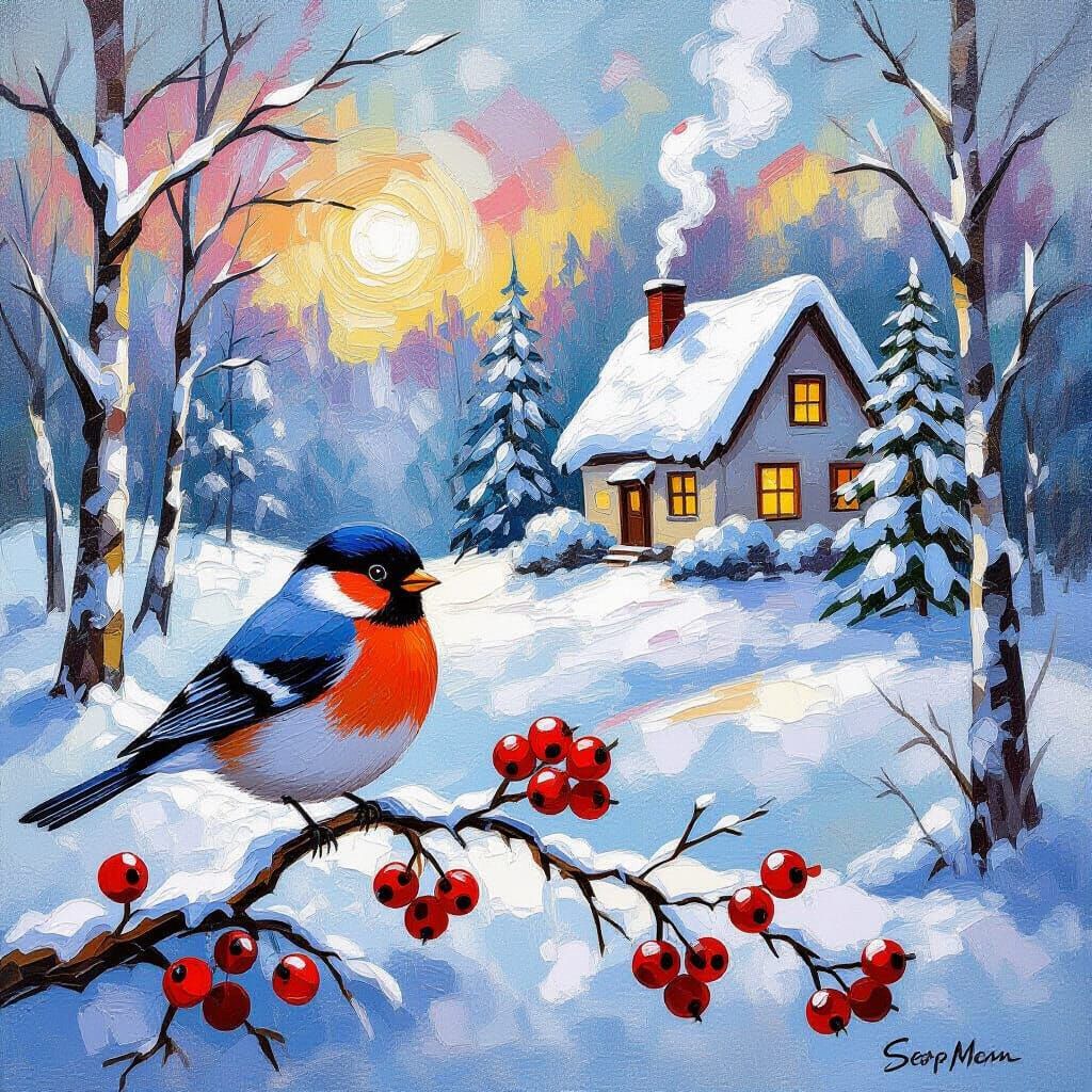 Post-Impressionist Bullfinch Winter Scene Painting