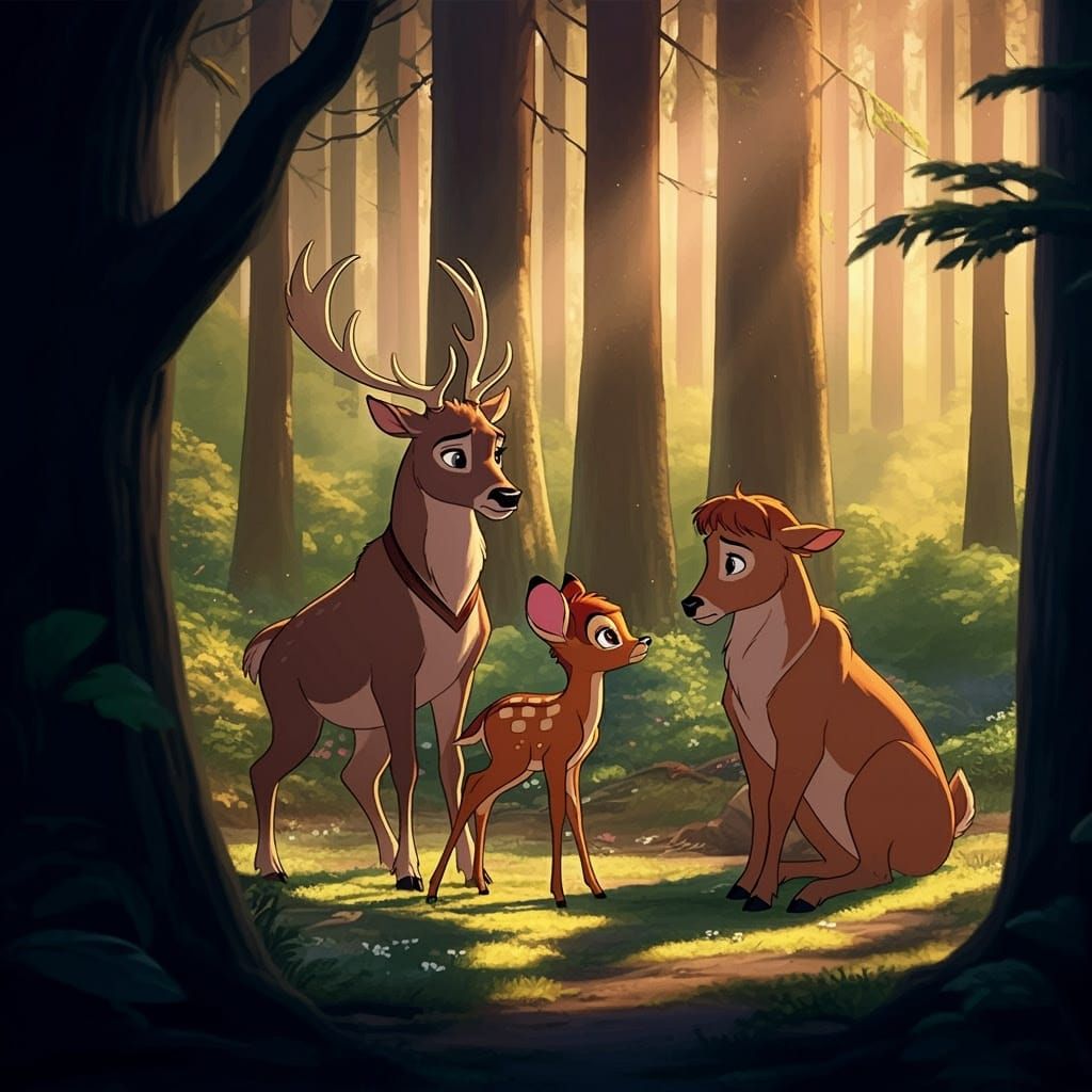 Disney-Inspired Deer Gathering in a Serene Forest