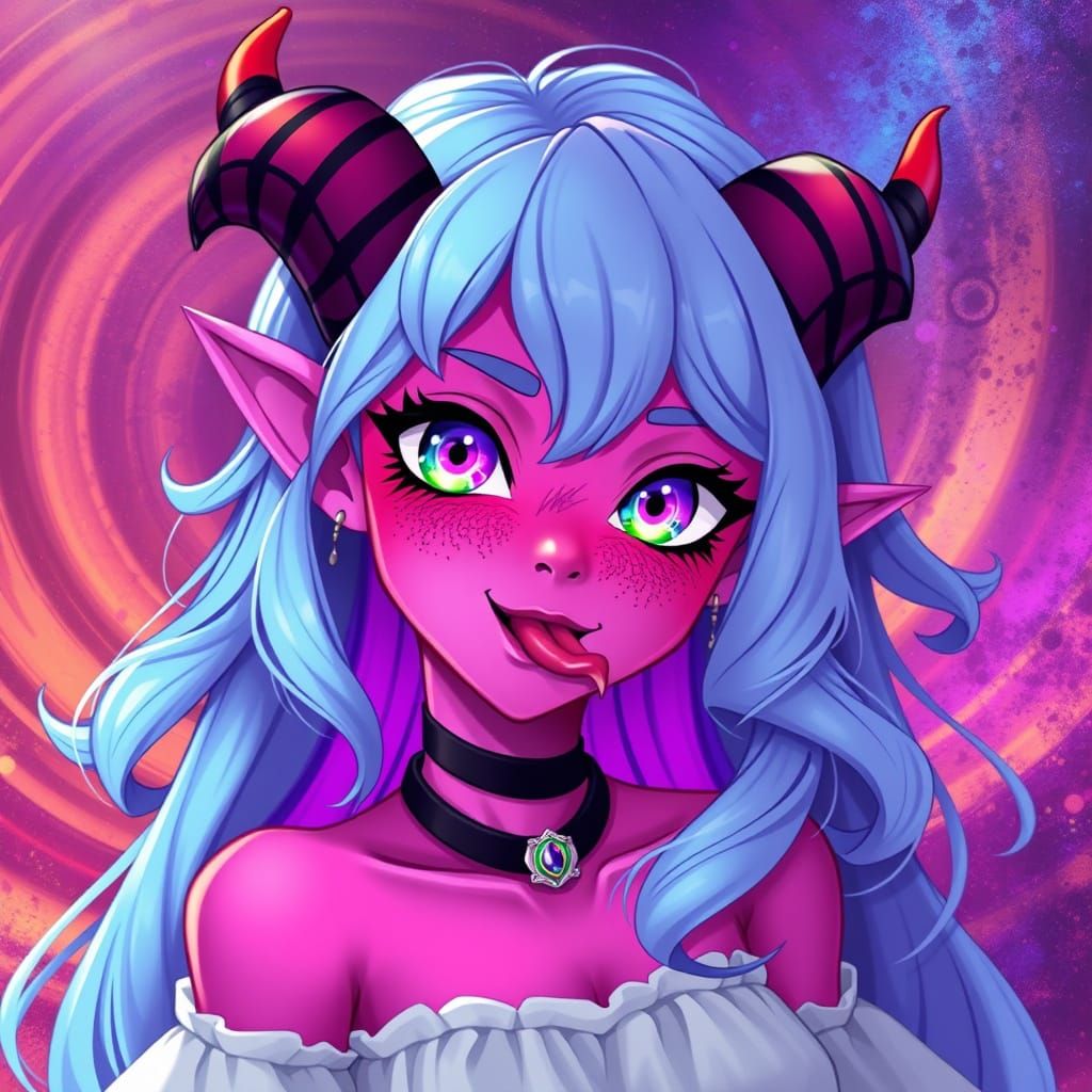 Mystical Tiefling Waifu in Vibrant Anime Style