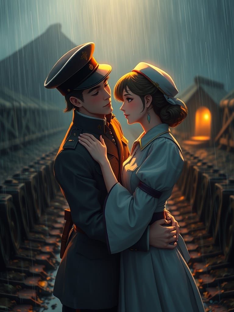 Romantic Embrace in War-Torn Landscape, Inspired by Anime an...