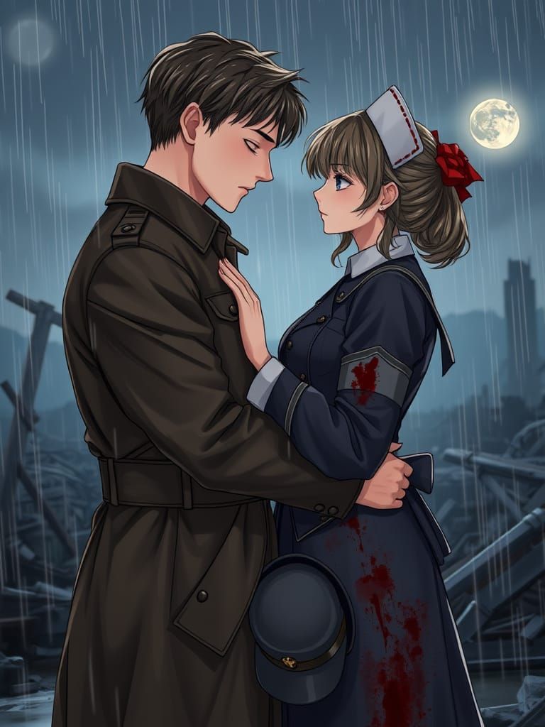WWI Lovers Embrace under Rainy Moonlit Sky