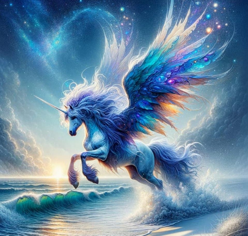 Majestic Iridescent Unicorn Descends into Sea in Watercolour...