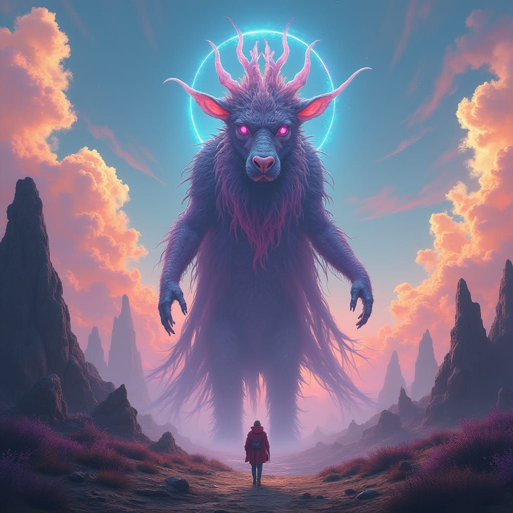 Regal Figure in Vibrant, Dreamlike Landscape