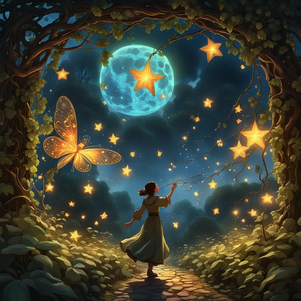 Guiding Star Amidst Fireflies, Digital Art