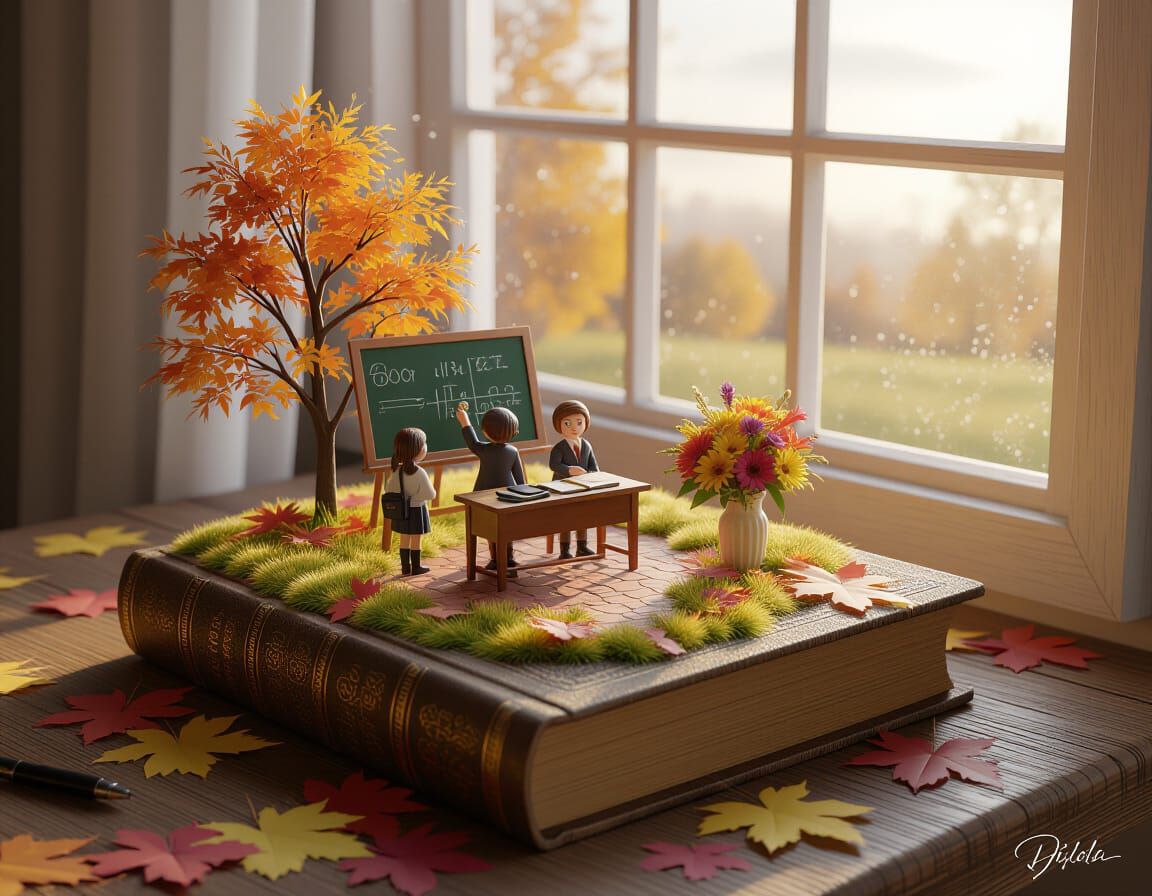 Miniature Autumn Landscape Drawn on Book, Splash Art Style