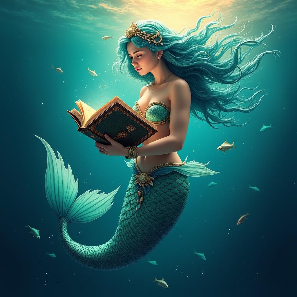 Mermaid with Books in Ocean Sunset, Fantasy Art