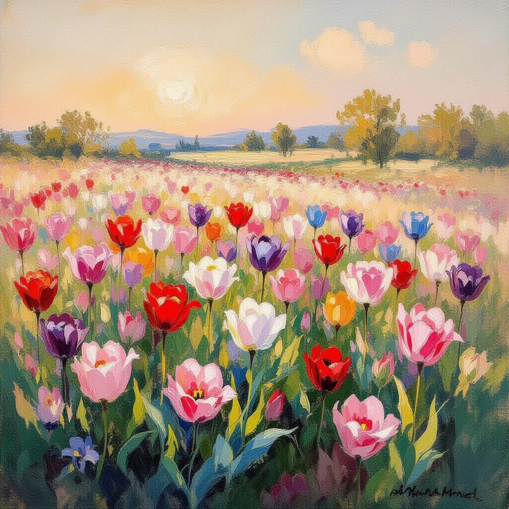 Pastel Tulips at Sunset: An Impressionistic Landscape