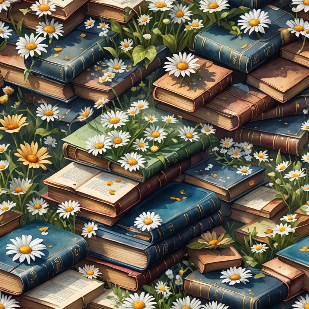 Watercolor Daisies and Books: Detailed Fantasy Art