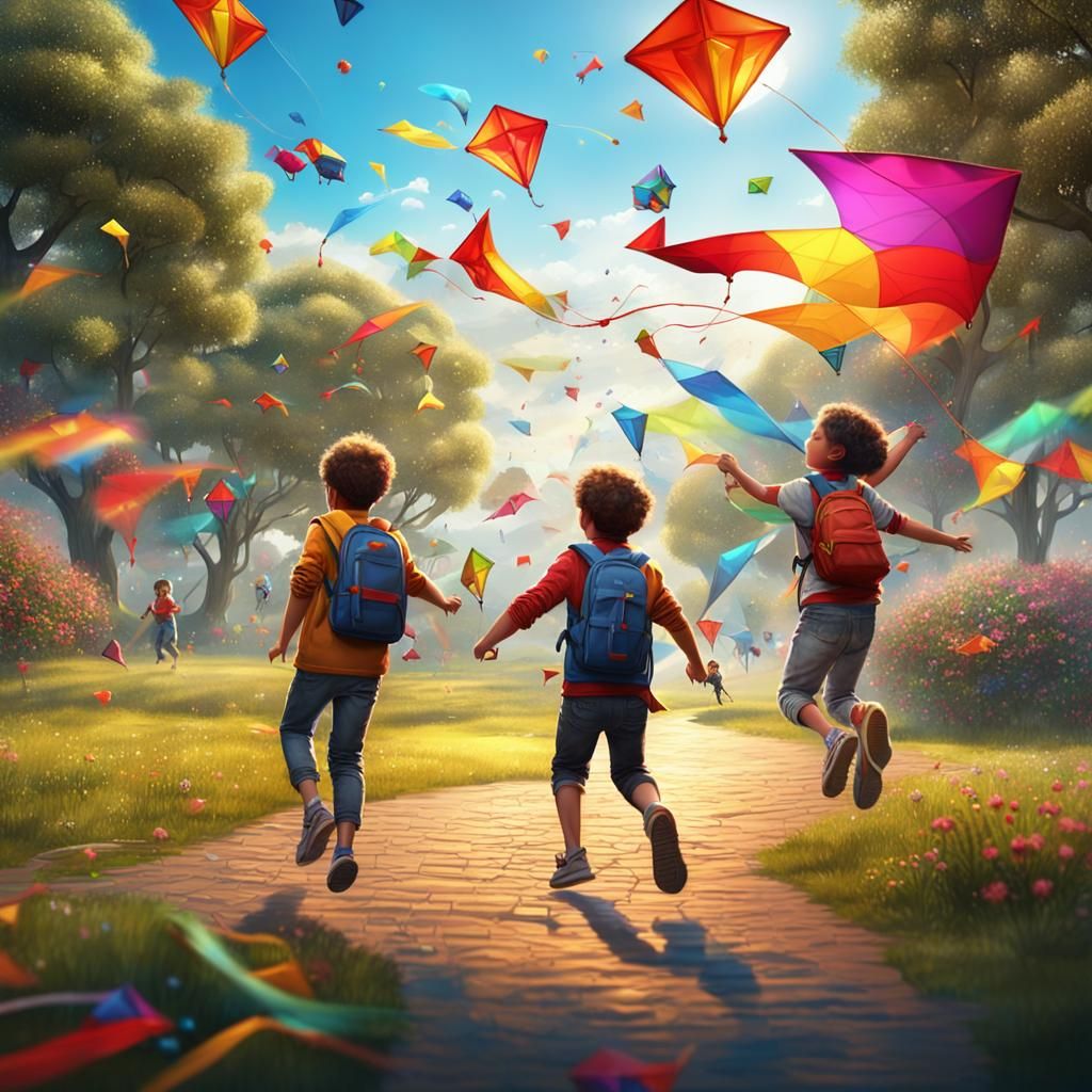 Children Flying Kites: Detailed Matte Painting