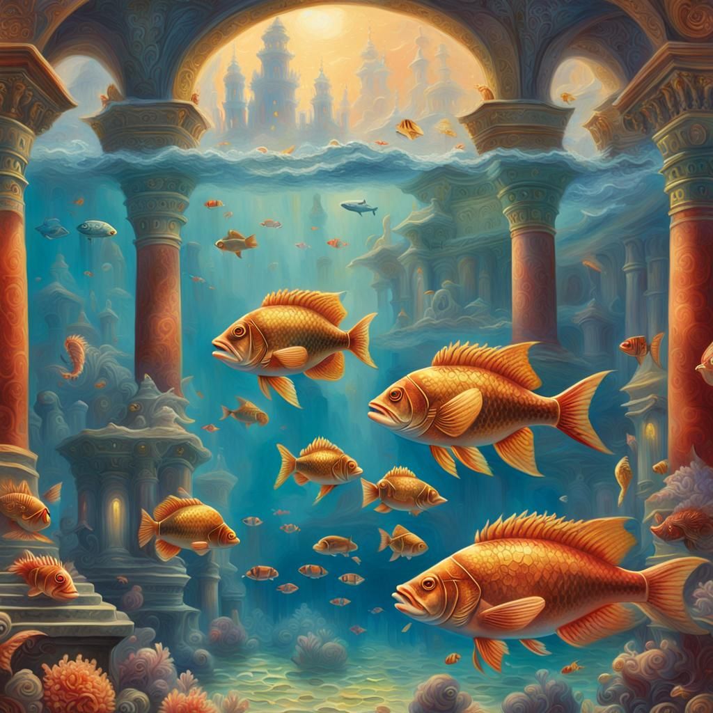 Underwater Scene with Sunken Temple as Oil Painting