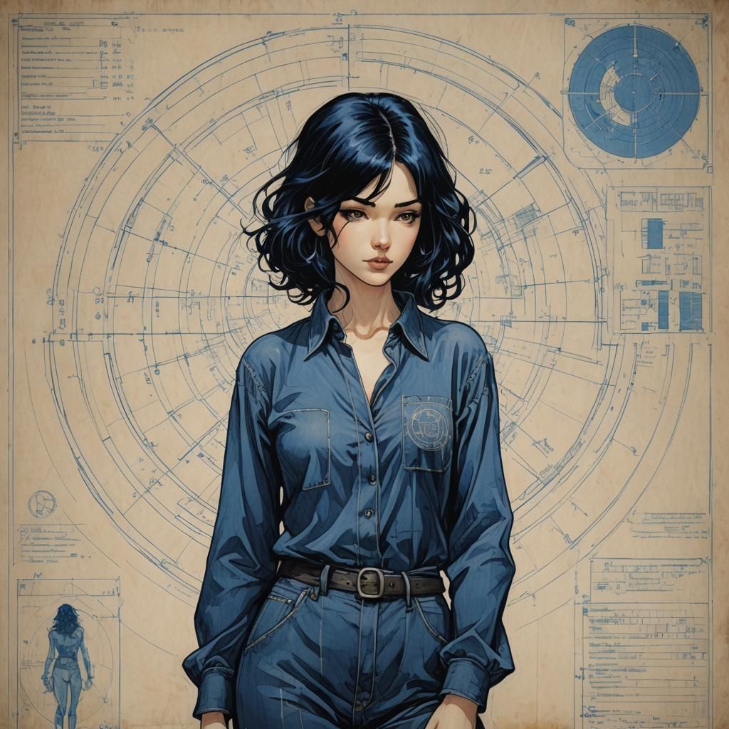 Sad Woman Portrait in Technical Concept Art Style