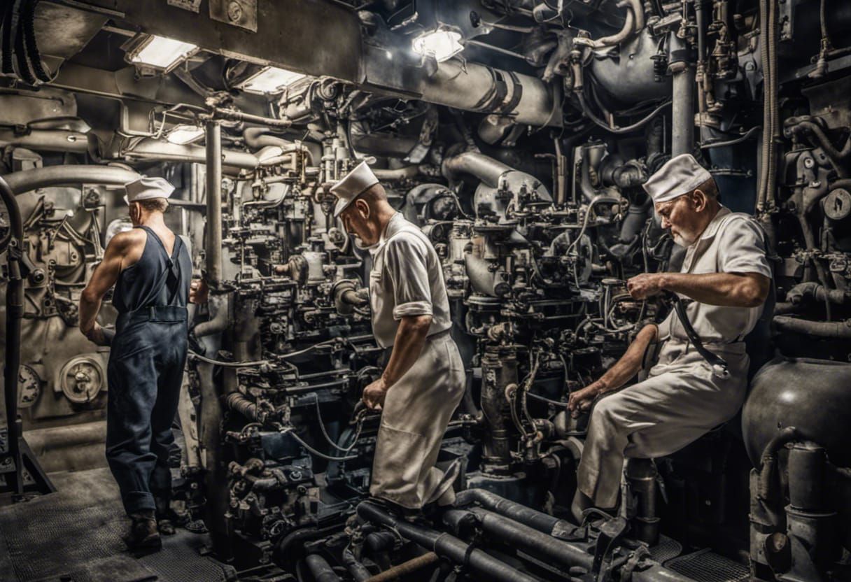 WW2 naval submarine engine room crew busy at work