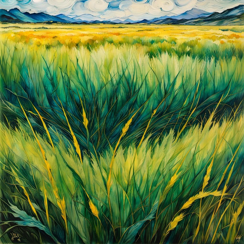 Encaustic Grassy Plain in Van Gogh Style