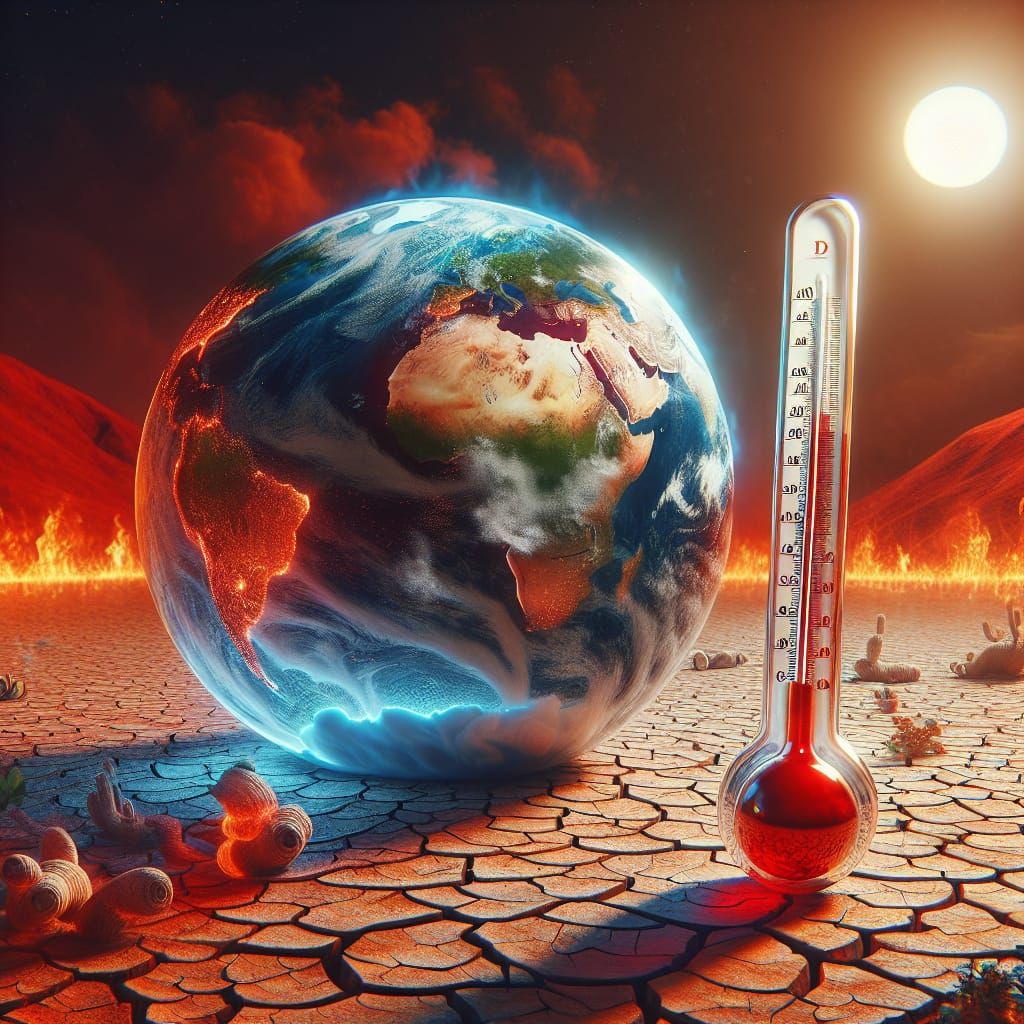 Climate Change Globe with Heat Waves and Thermometer