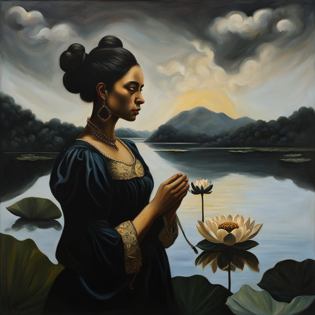 Baroque Oil Painting of a Colombian Woman by a Black Lake