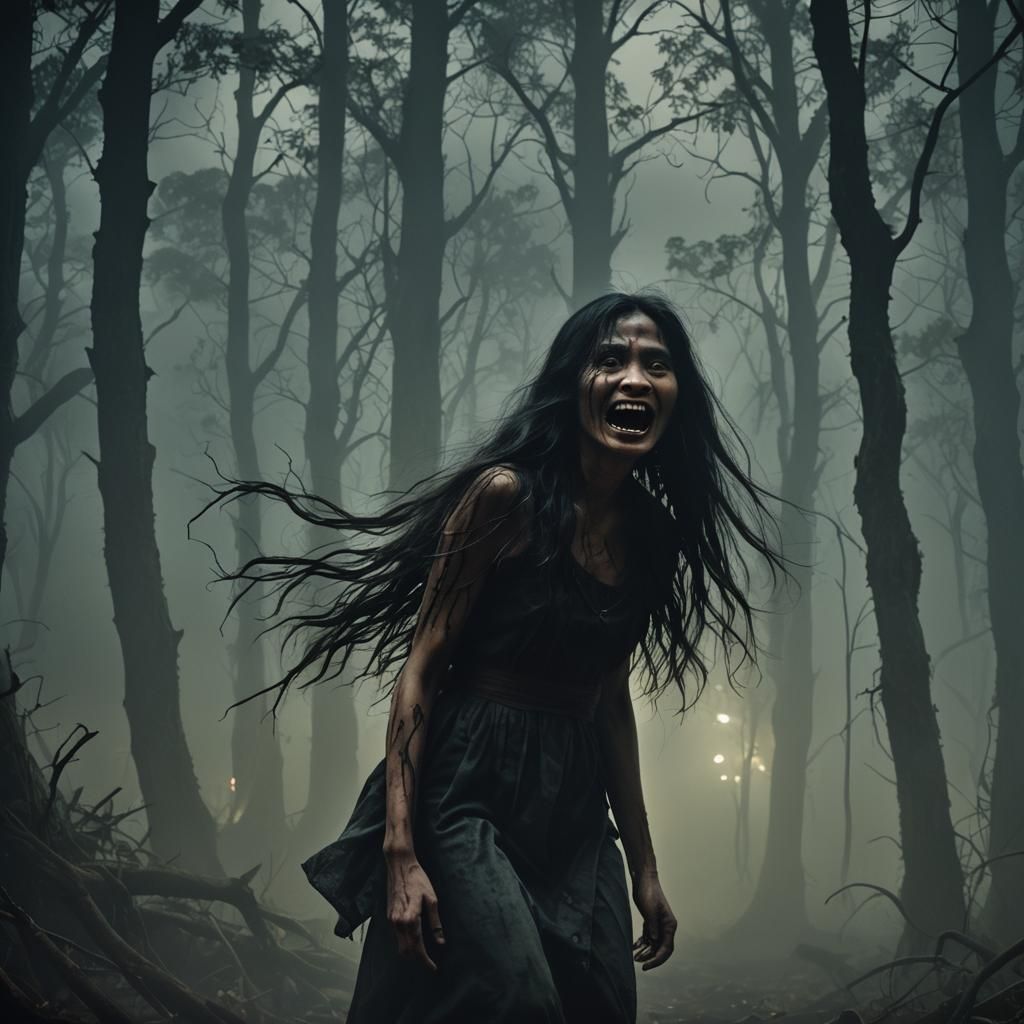 Eerie Pontianak in Dark Forest: Cinematic Film Still