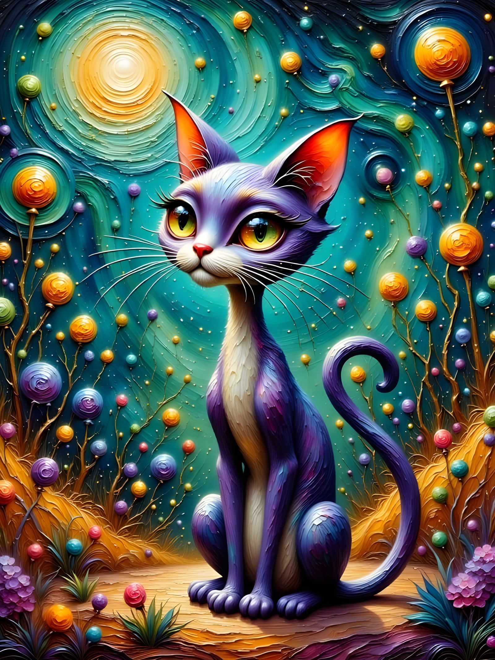Dreamy Cosmic Feline in Vibrant Surrealist Landscape