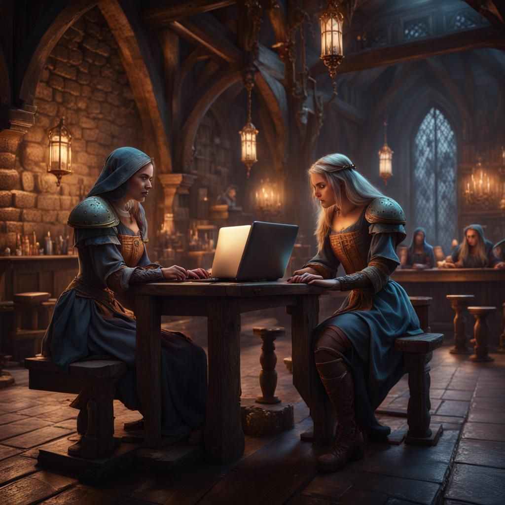 Medieval Girls in Night Cafe with Computer