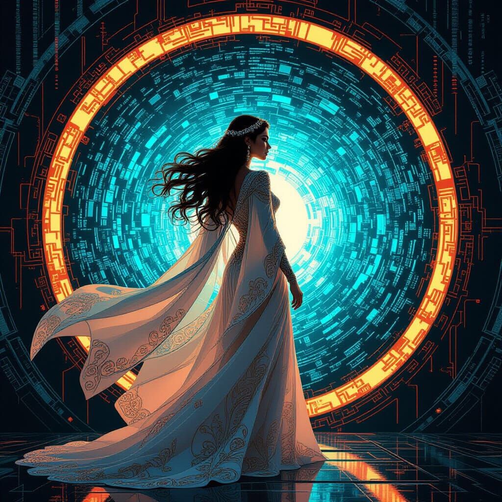 Goddess Dissolving into Binary Code with Cyberpunk Elements