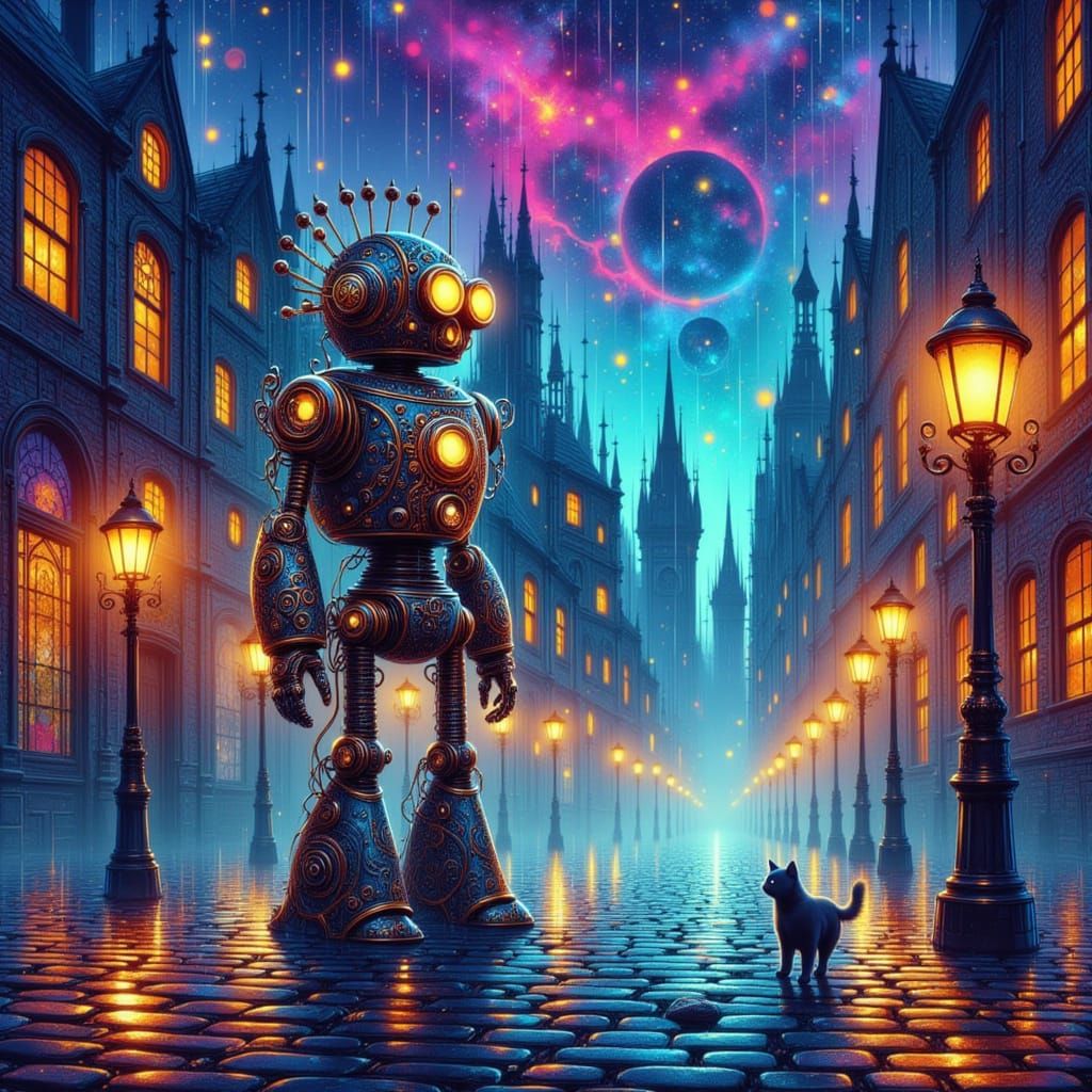 Ancient Robot in Gothic Cityscape at Twilight