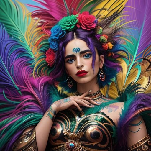 Abstract Woman with Peacock Feathers in Fauvist Style