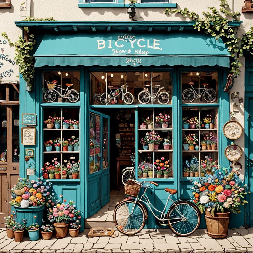 Embroidered Vintage Bicycle Shop with Flowers