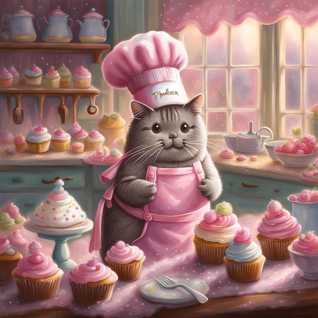 Pusheen Baking Cupcakes in Ethereal Fantasy Style