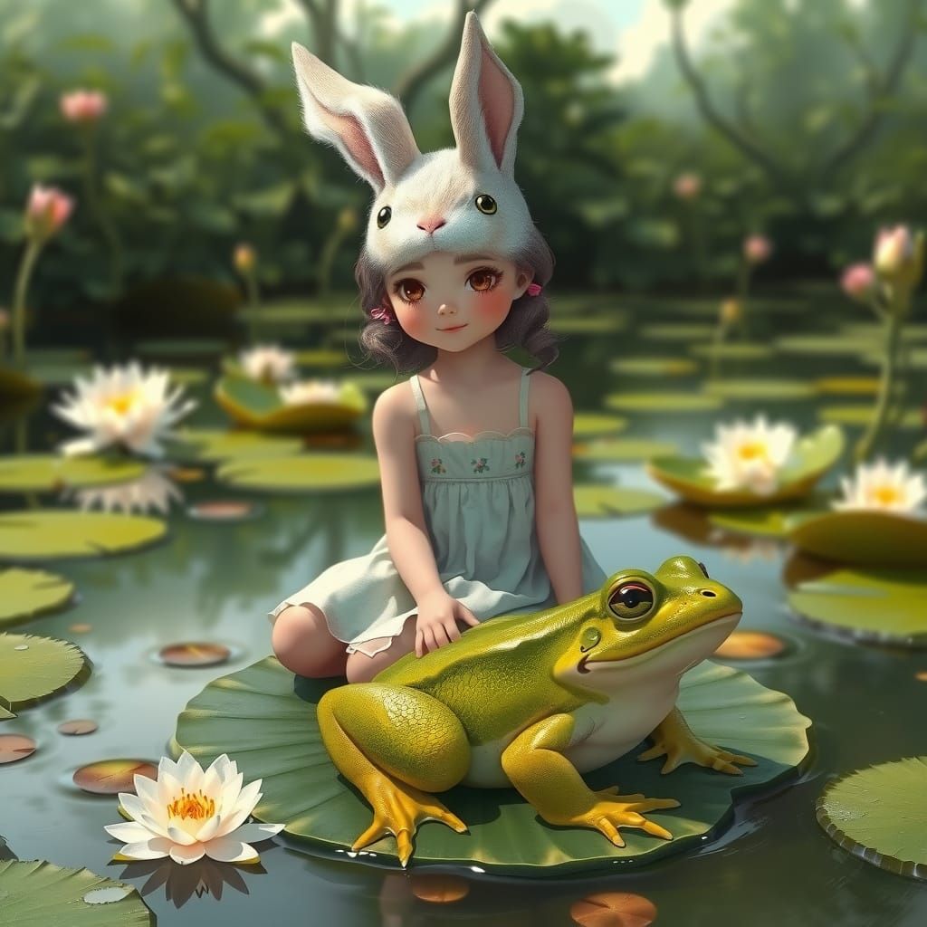 Hybrid Girl in Whimsical Pond Scene