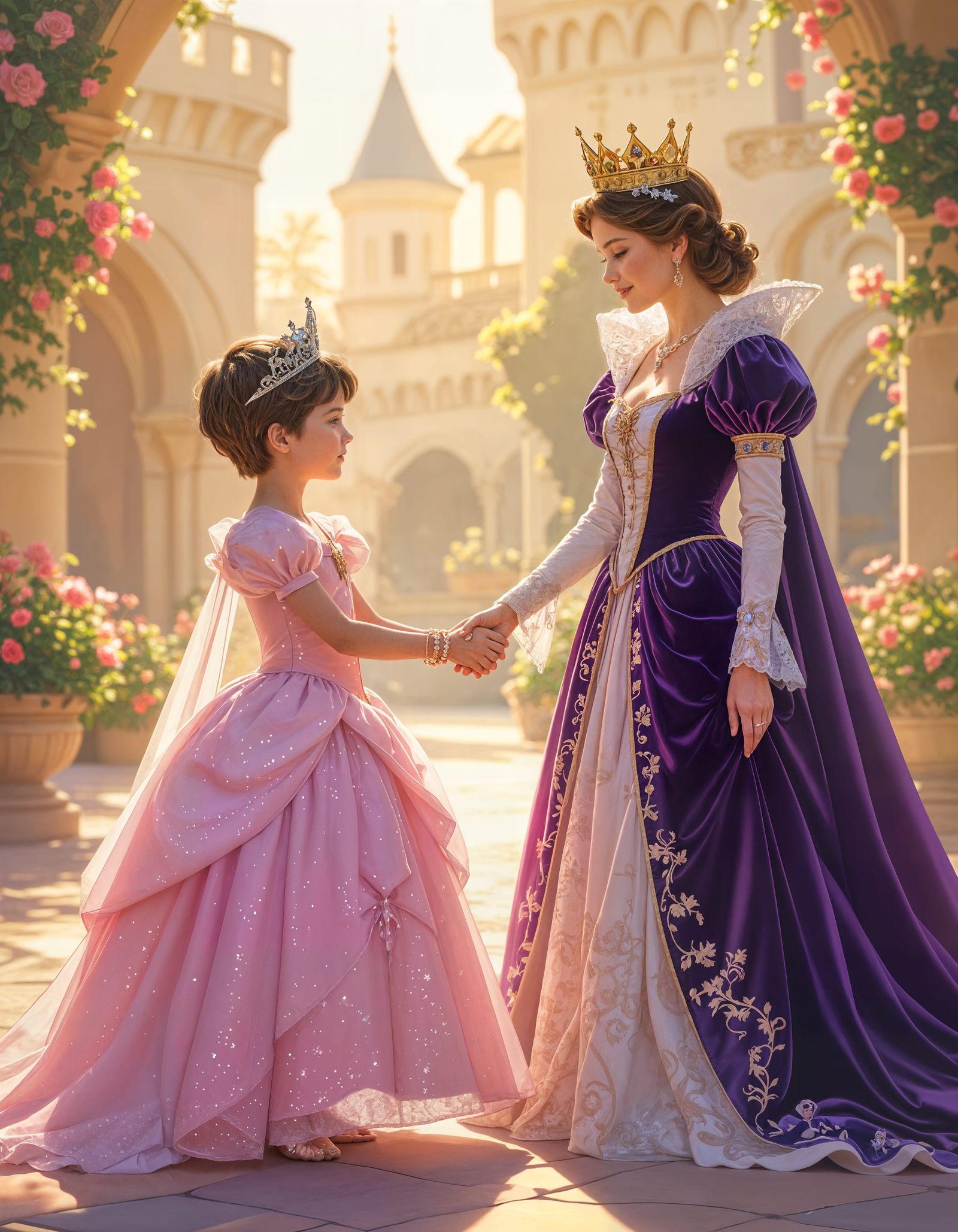 Young Boy Dressed as Princess Holds Hands with Queen